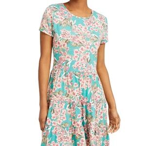 Be Bop Juniors' Large Green Pink Floral Printed Tiered T-Shirt Dress